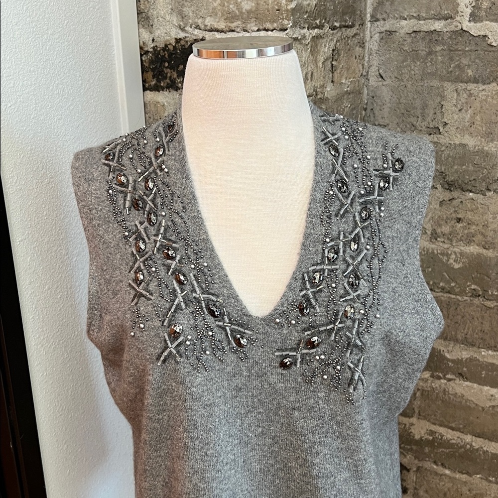 Gray Cashmere Wool Blend Embellished V-Neck Jaeger Sweater Vest Size XL